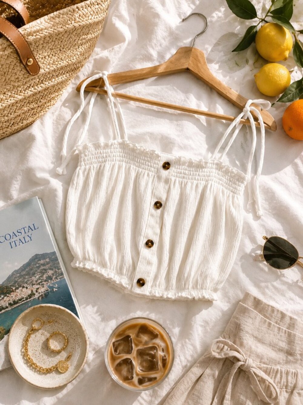 H&M Smocked Crop Top Coastal Coquette Boho Cottagecore White